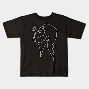 Woman Looking at a Butterfly | One Line Drawing | One Line Art | Minimal | Minimalist Kids T-Shirt